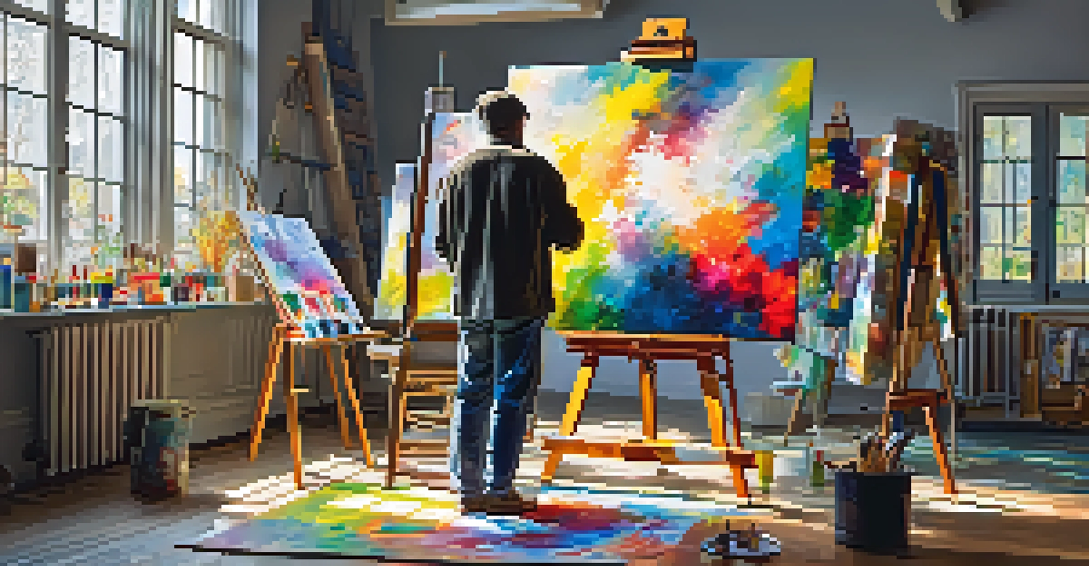 An artist in a bright studio, painting on a canvas with colorful art supplies around.