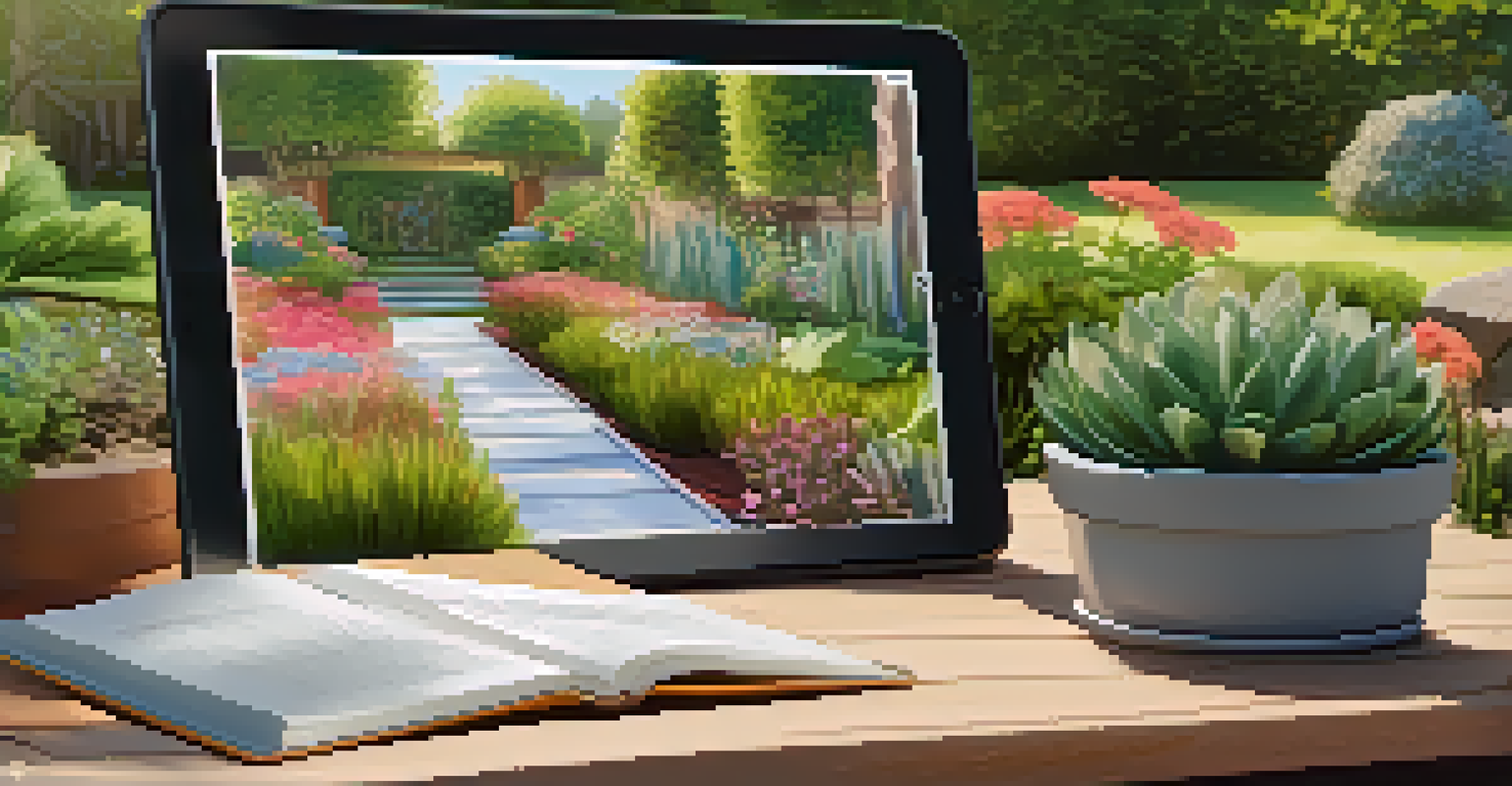 A close-up of a tablet showing a 3D garden design with plants and hardscape elements, placed on a table with gardening books.