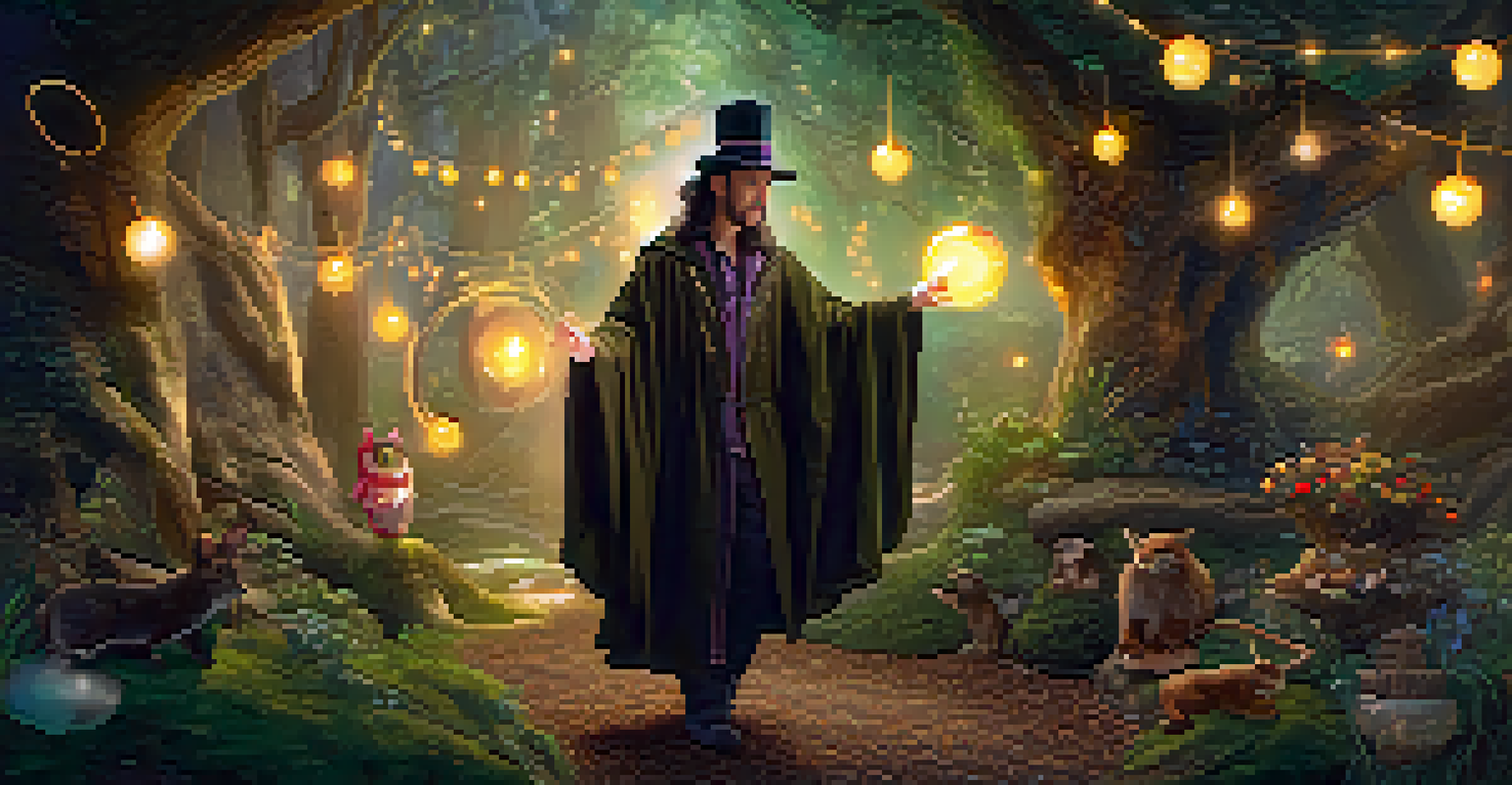 A magician in an enchanted forest casting a spell, surrounded by glowing orbs and magical creatures.