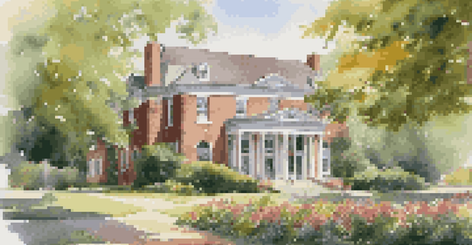 A historical county clerk office surrounded by trees and flowers, with sunlight filtering through.