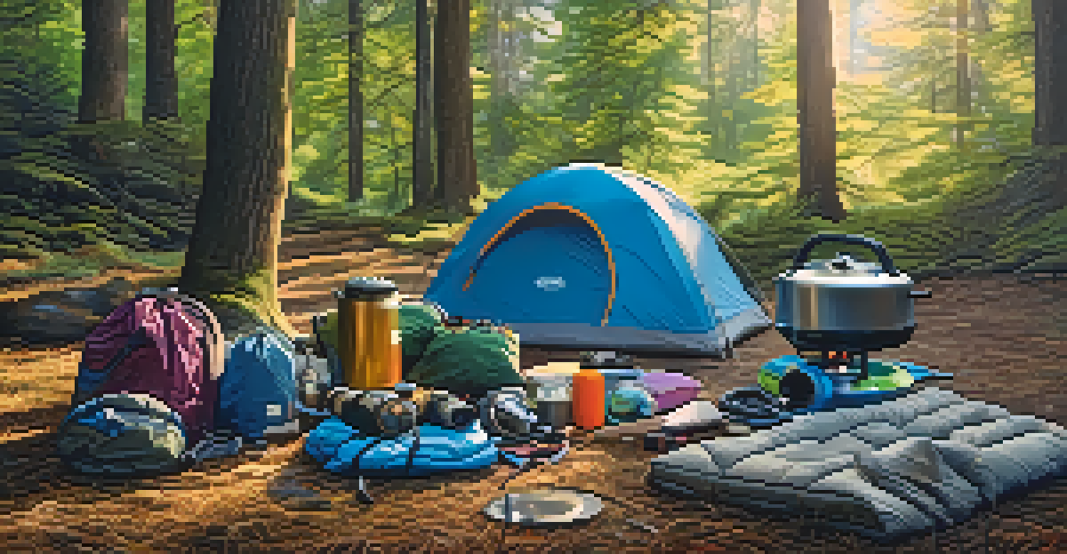 Camping gear displayed on grass, including a sleeping bag and camping stove.