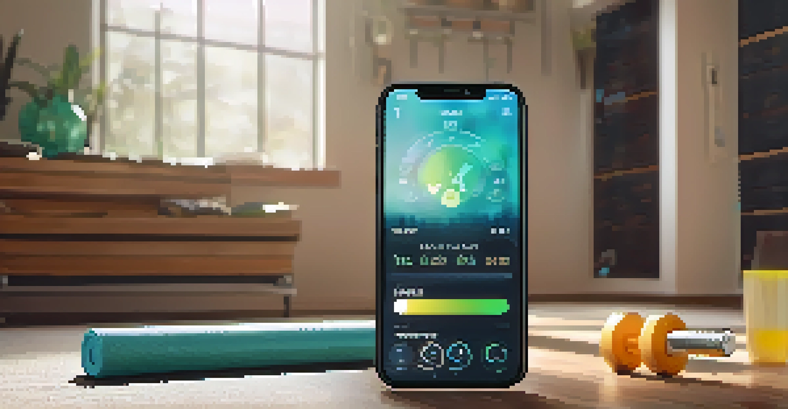 A smartphone showing a fitness app in a home gym setting, surrounded by workout equipment.