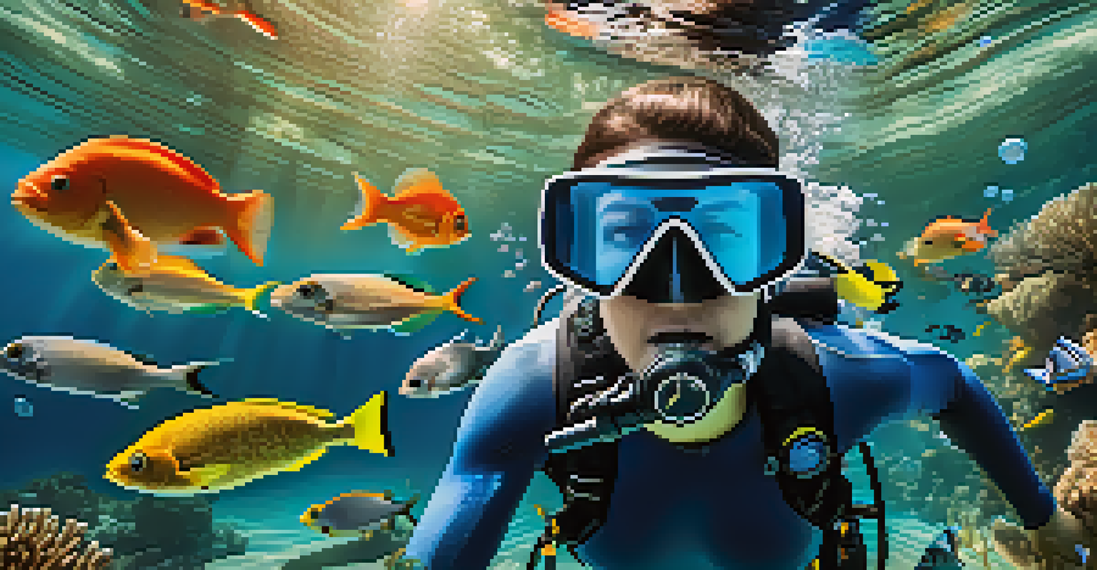 A diver wearing a VR headset in a simulated underwater environment, surrounded by colorful fish and coral, showing excitement.