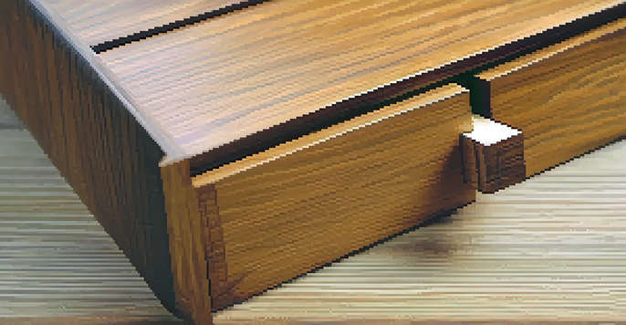 A close-up view of a dovetail joint in a wooden drawer, emphasizing the intricate details and warm wood grain.