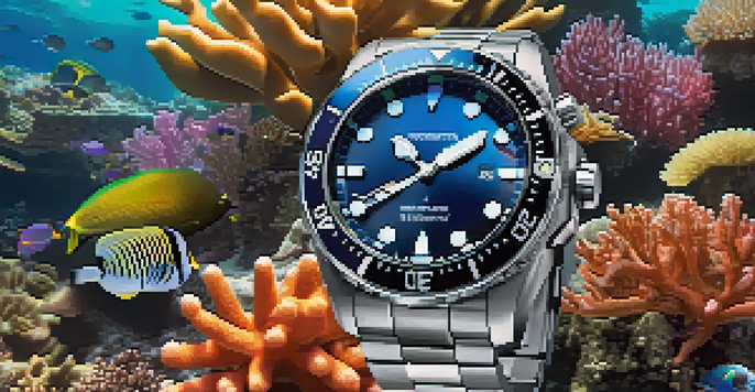 A smart dive watch showing underwater data with colorful coral reefs and marine life in the background, illuminated by sunlight.