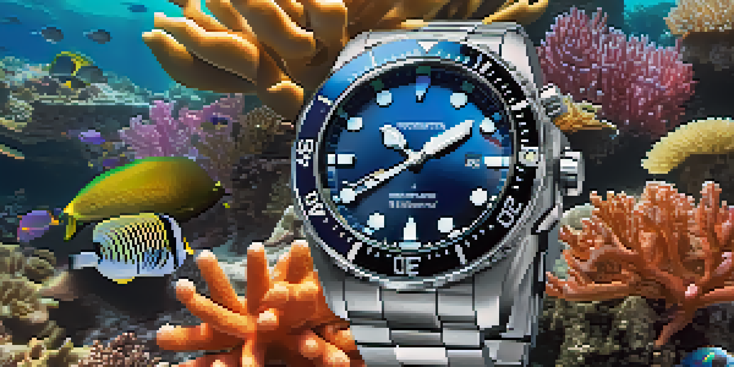 A smart dive watch showing underwater data with colorful coral reefs and marine life in the background, illuminated by sunlight.