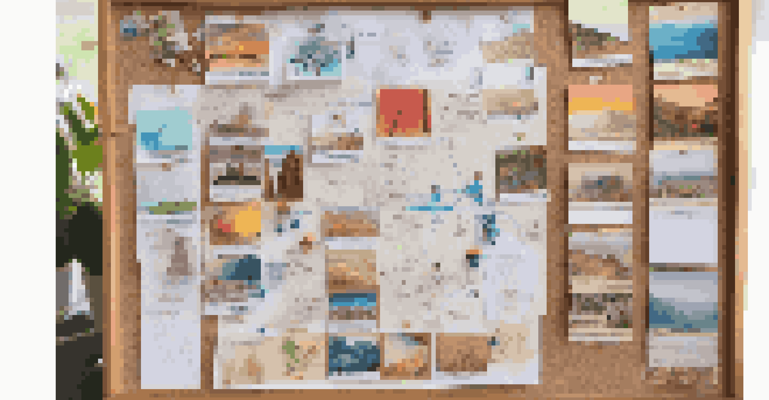 A colorful vision board showcasing aspirations and goals arranged creatively on a cork surface.