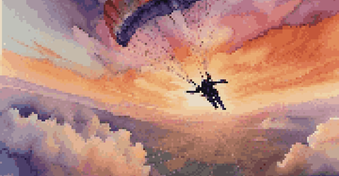 An aerial view of a skydiver in freefall, with a stunning sunset in the background and colorful skies.