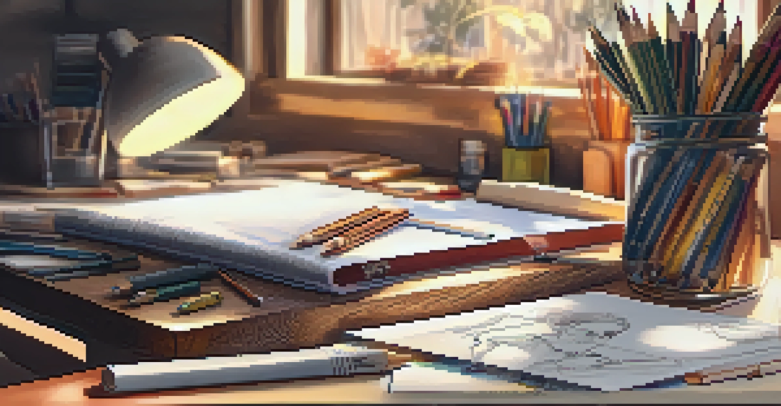 An artist's workspace with drawing tools and sketches, illuminated by warm golden hour light.