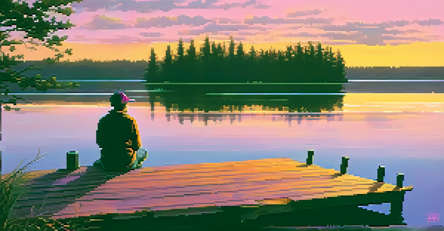 A lakeside view at sunset with a writer sitting on a dock, surrounded by colorful reflections in the water.