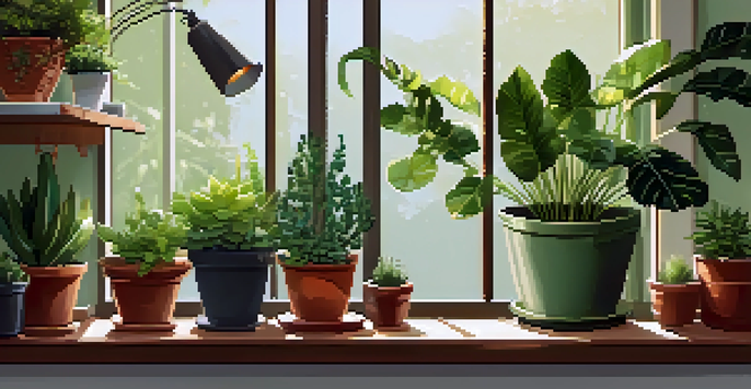 A well-arranged indoor garden with various potted plants, sunlight, and gardening tools on a wooden shelf.