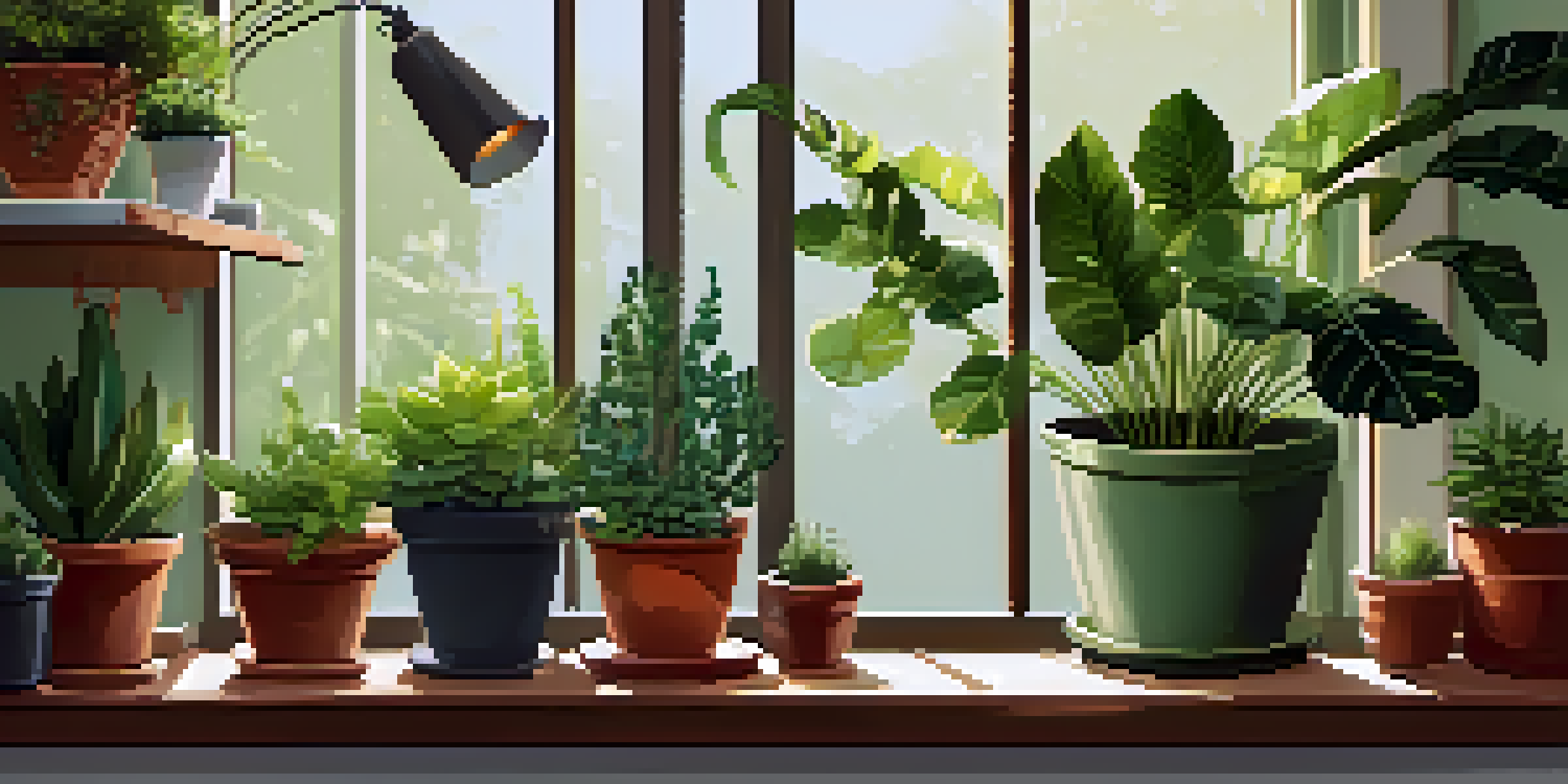 A well-arranged indoor garden with various potted plants, sunlight, and gardening tools on a wooden shelf.
