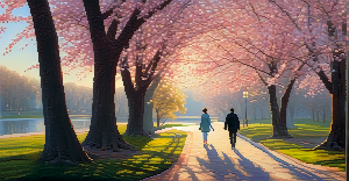 A picturesque park scene with cherry blossom trees, a winding path, and a couple walking together under the golden hour light.