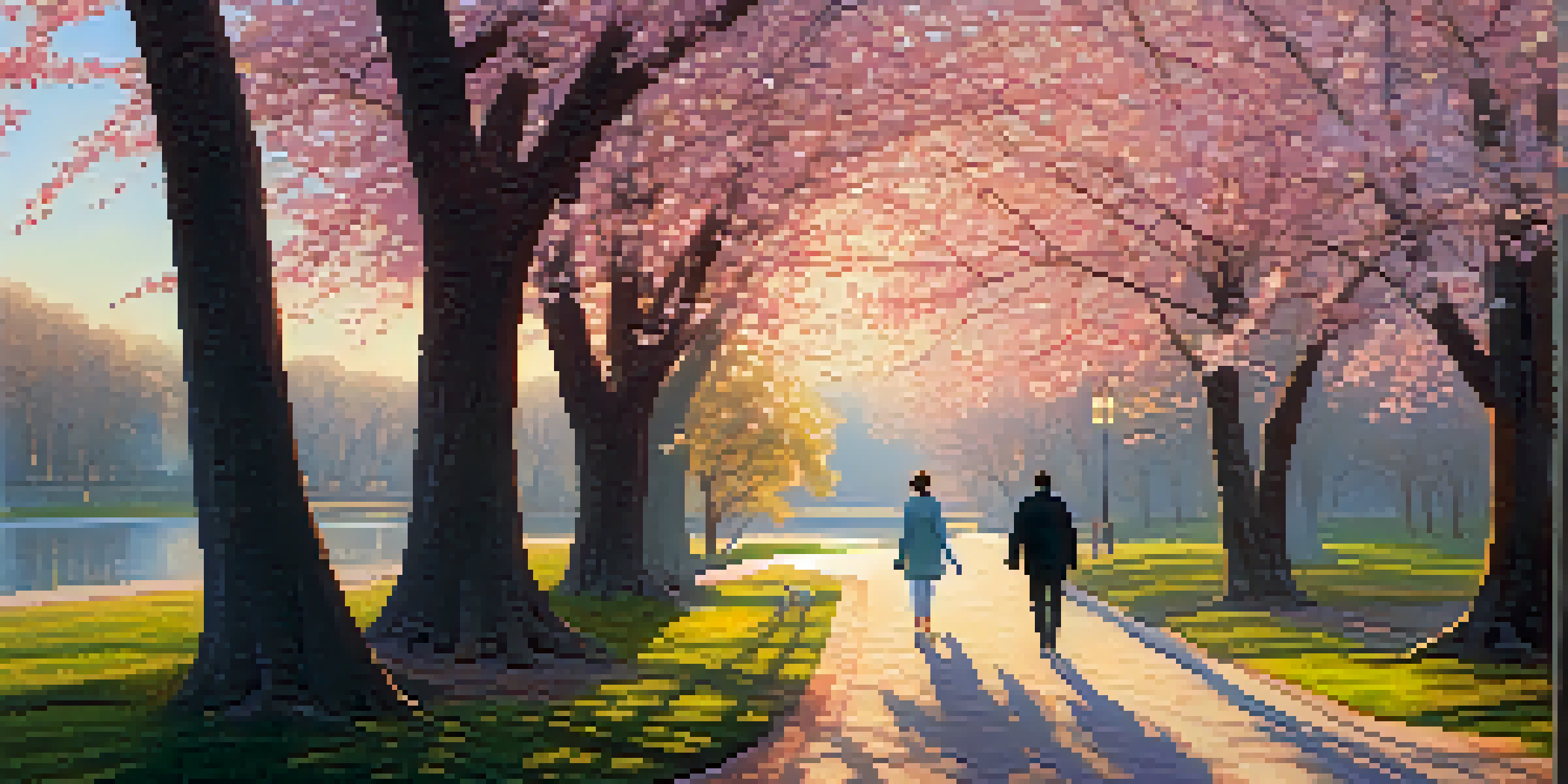 A picturesque park scene with cherry blossom trees, a winding path, and a couple walking together under the golden hour light.