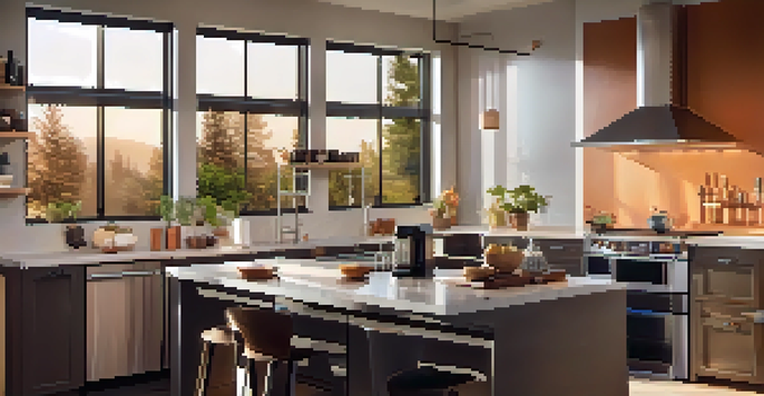 A modern kitchen showcasing smart home technology, with a coffee maker in action and smart lights brightening the room as the sun rises.