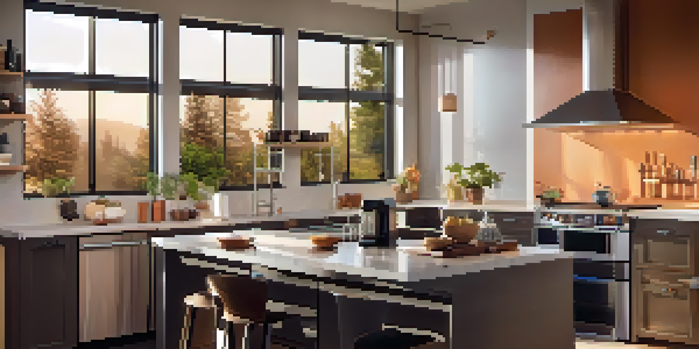 A modern kitchen showcasing smart home technology, with a coffee maker in action and smart lights brightening the room as the sun rises.