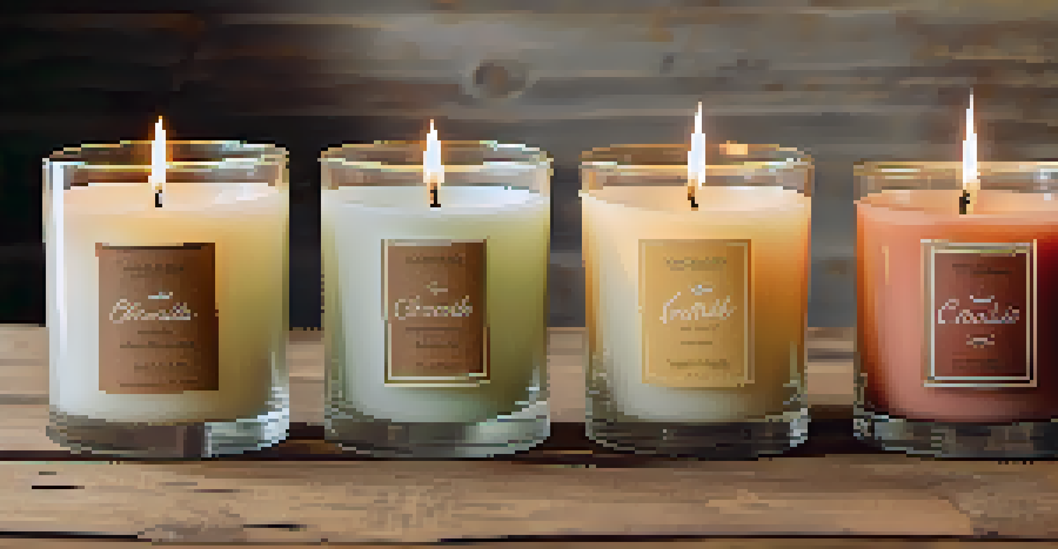 A collection of personalized candles on a wooden table, each with unique labels and scents, illuminated by soft lighting.
