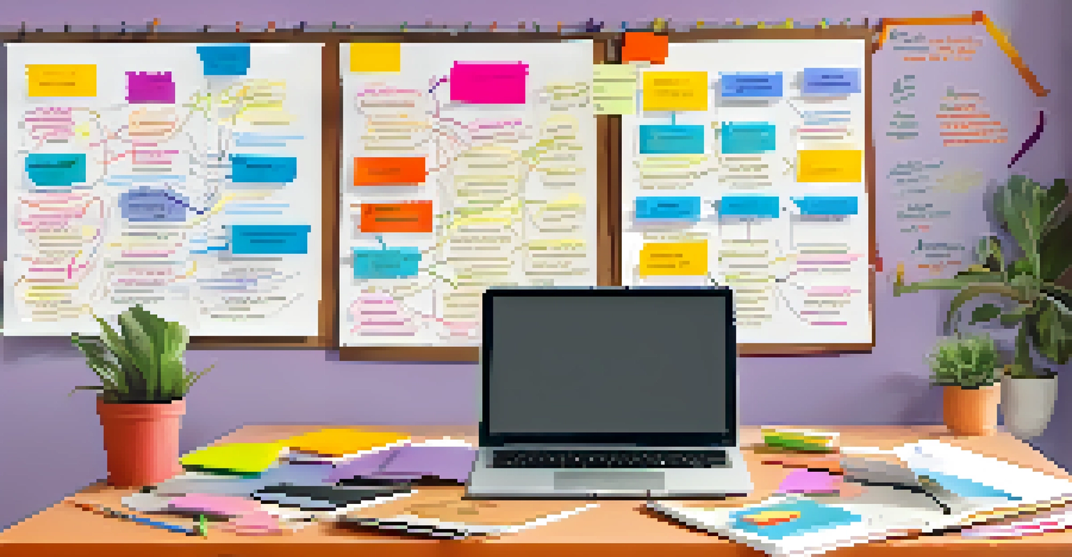 A colorful mind map on paper with notes and arrows, set in a cozy workspace with a laptop and books.