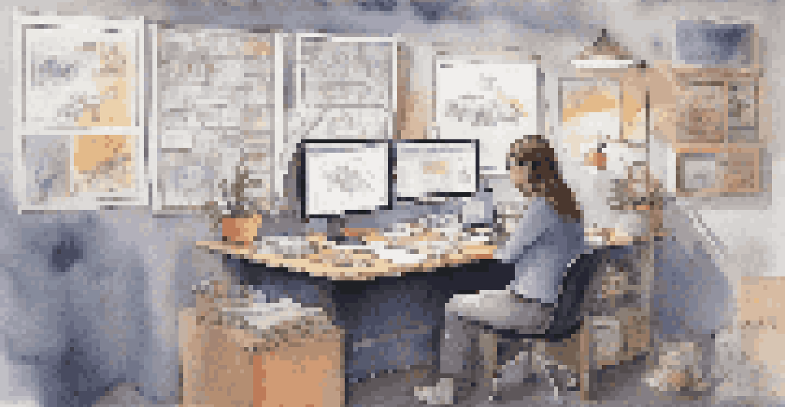 A desk filled with sketches, code snippets, and project thumbnails as a creative coder selects projects for their portfolio.