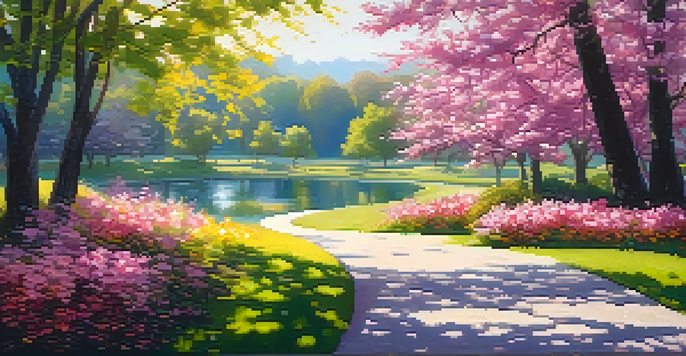 A peaceful outdoor park scene filled with colorful flowers and a couple walking along a path under a blue sky.