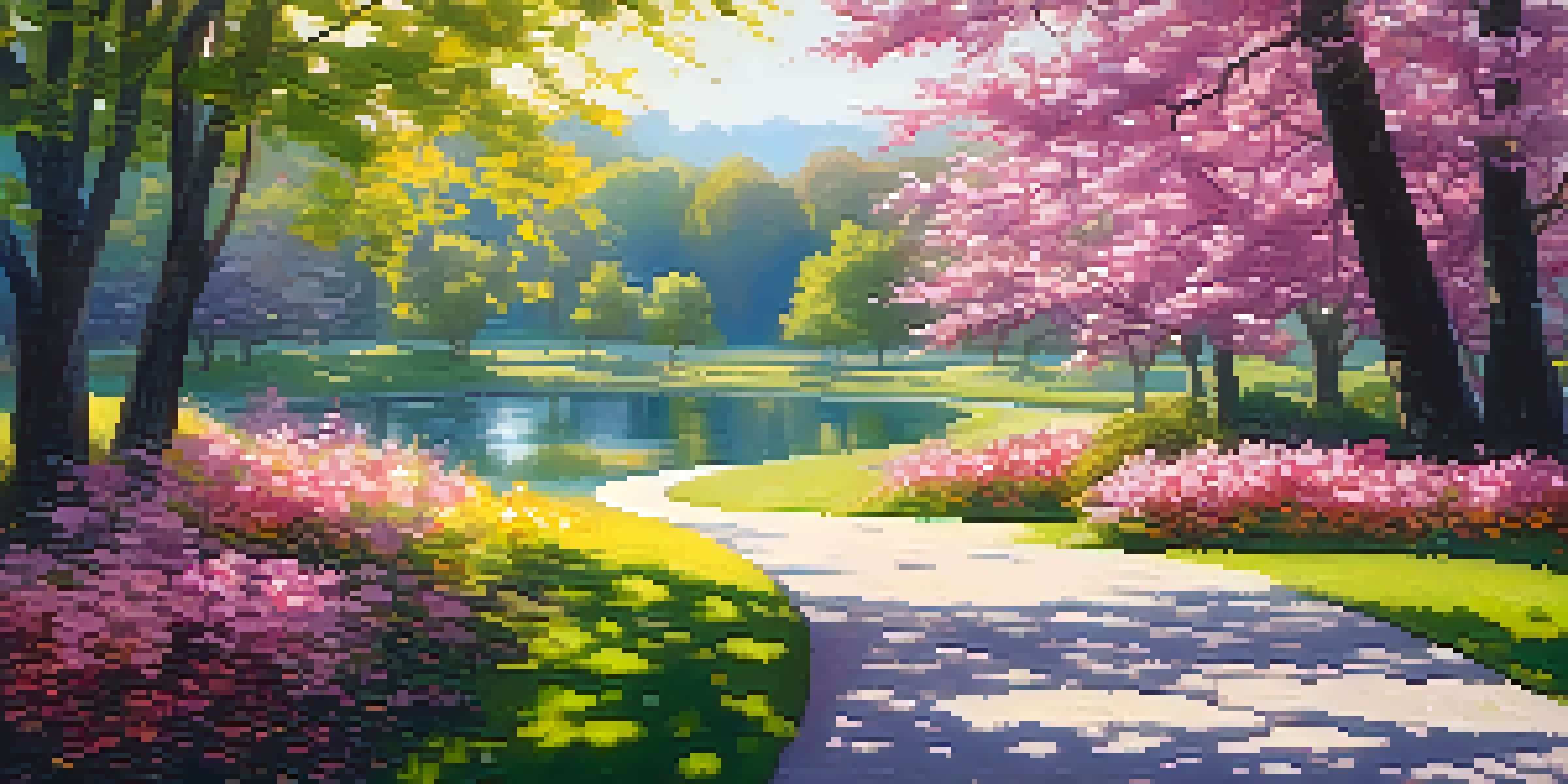 A peaceful outdoor park scene filled with colorful flowers and a couple walking along a path under a blue sky.