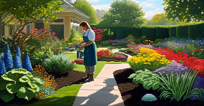 A gardener kneels in a lush garden, inspecting rich soil with a trowel, surrounded by vibrant plants and flowers under dappled sunlight.