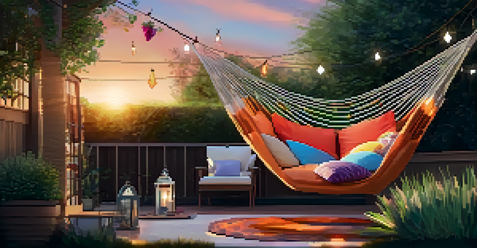 A hammock between trees with colorful cushions and string lights in a peaceful garden.