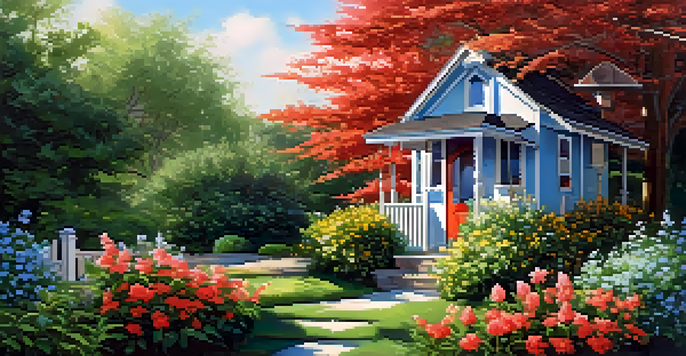 A peaceful backyard with a birdhouse surrounded by green shrubs and colorful flowers, illuminated by morning light.