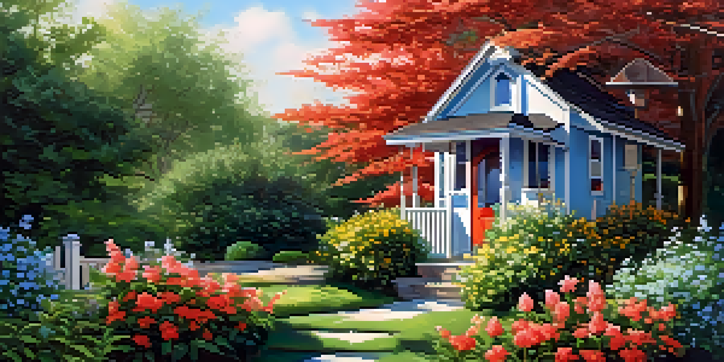 A peaceful backyard with a birdhouse surrounded by green shrubs and colorful flowers, illuminated by morning light.