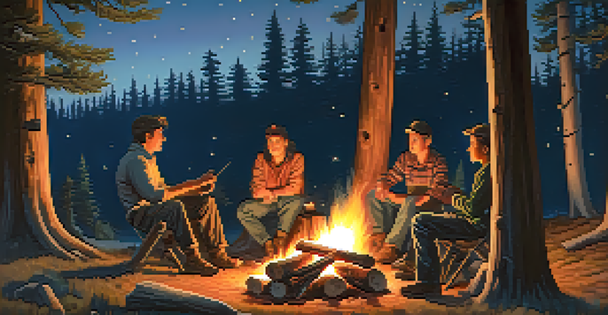 A cozy campfire scene at dusk with friends sitting around, illuminated by the warm glow of the fire in a forested area.