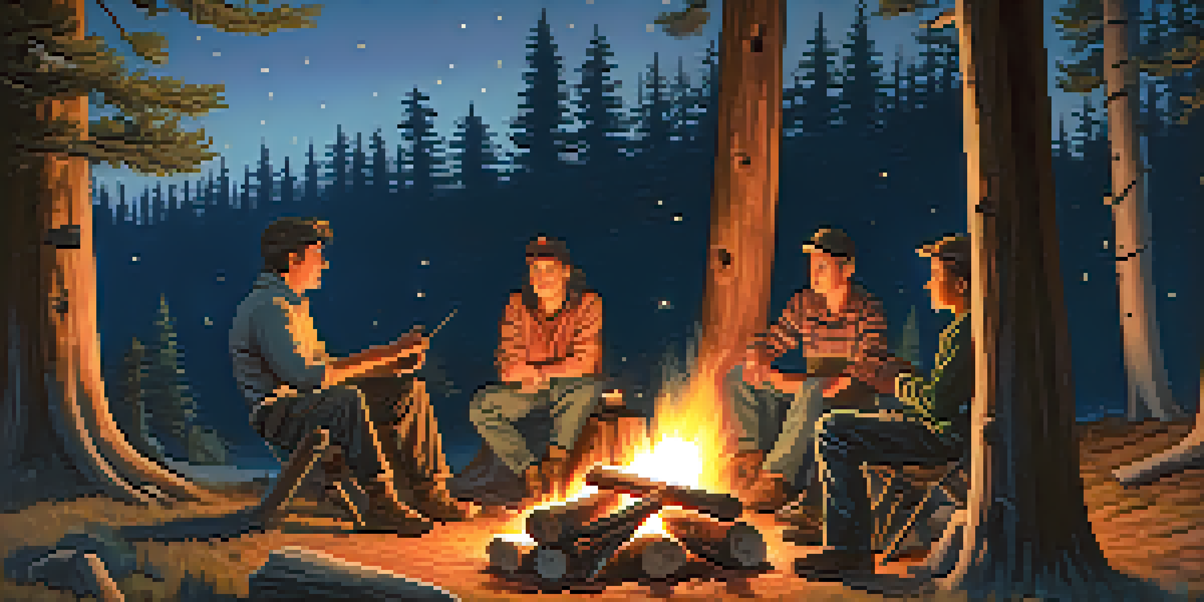 A cozy campfire scene at dusk with friends sitting around, illuminated by the warm glow of the fire in a forested area.