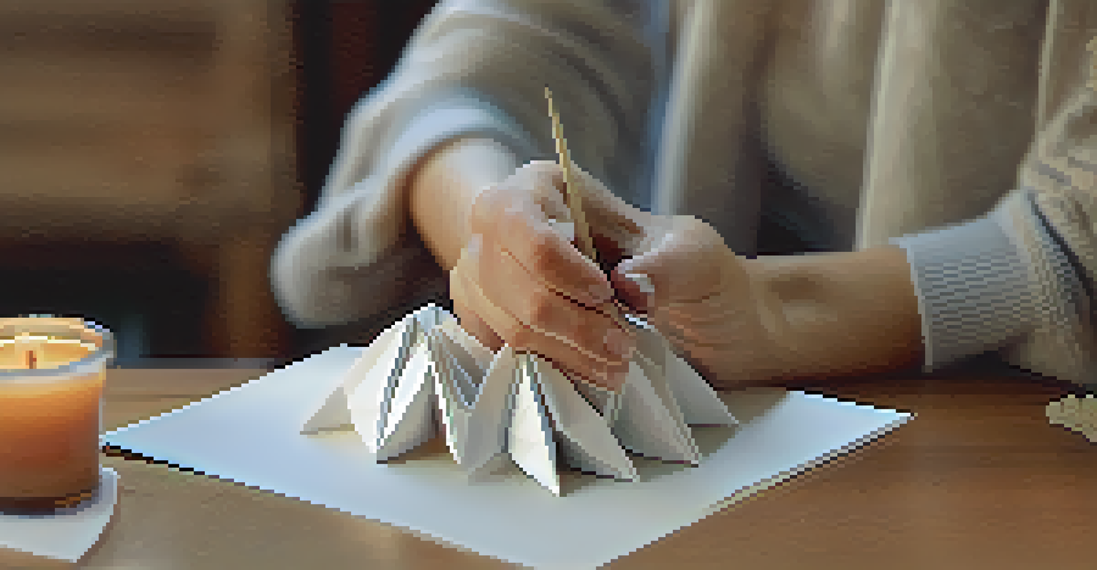 A close-up of hands folding origami paper, showcasing the texture and folds, with a soft background of calming elements.