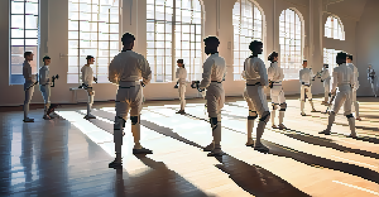 A diverse group of fencers training together in a spacious gym, practicing footwork and techniques.