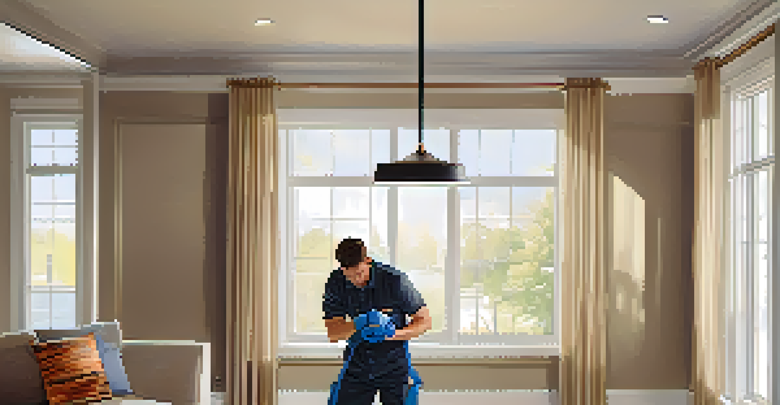 An electrician installing lighting fixtures in a bright and modern living room, showcasing a contemporary design.