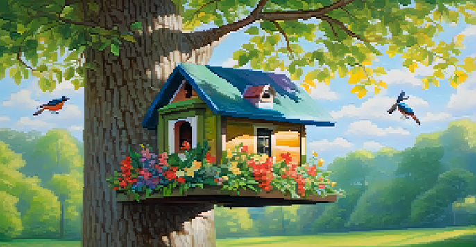 A colorful wooden birdhouse hanging from a tree branch with floral patterns, surrounded by green leaves and flowers on the ground.