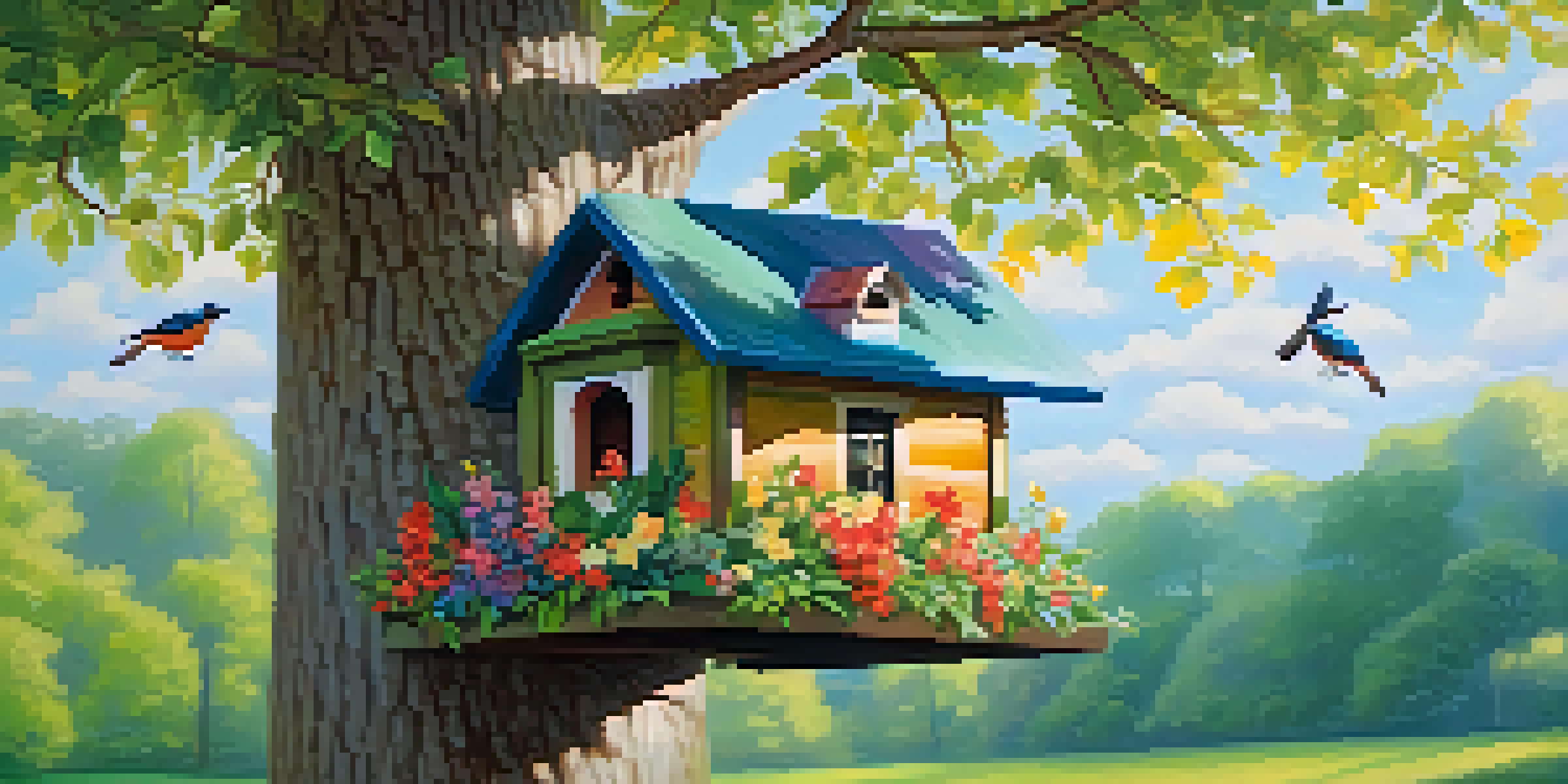 A colorful wooden birdhouse hanging from a tree branch with floral patterns, surrounded by green leaves and flowers on the ground.