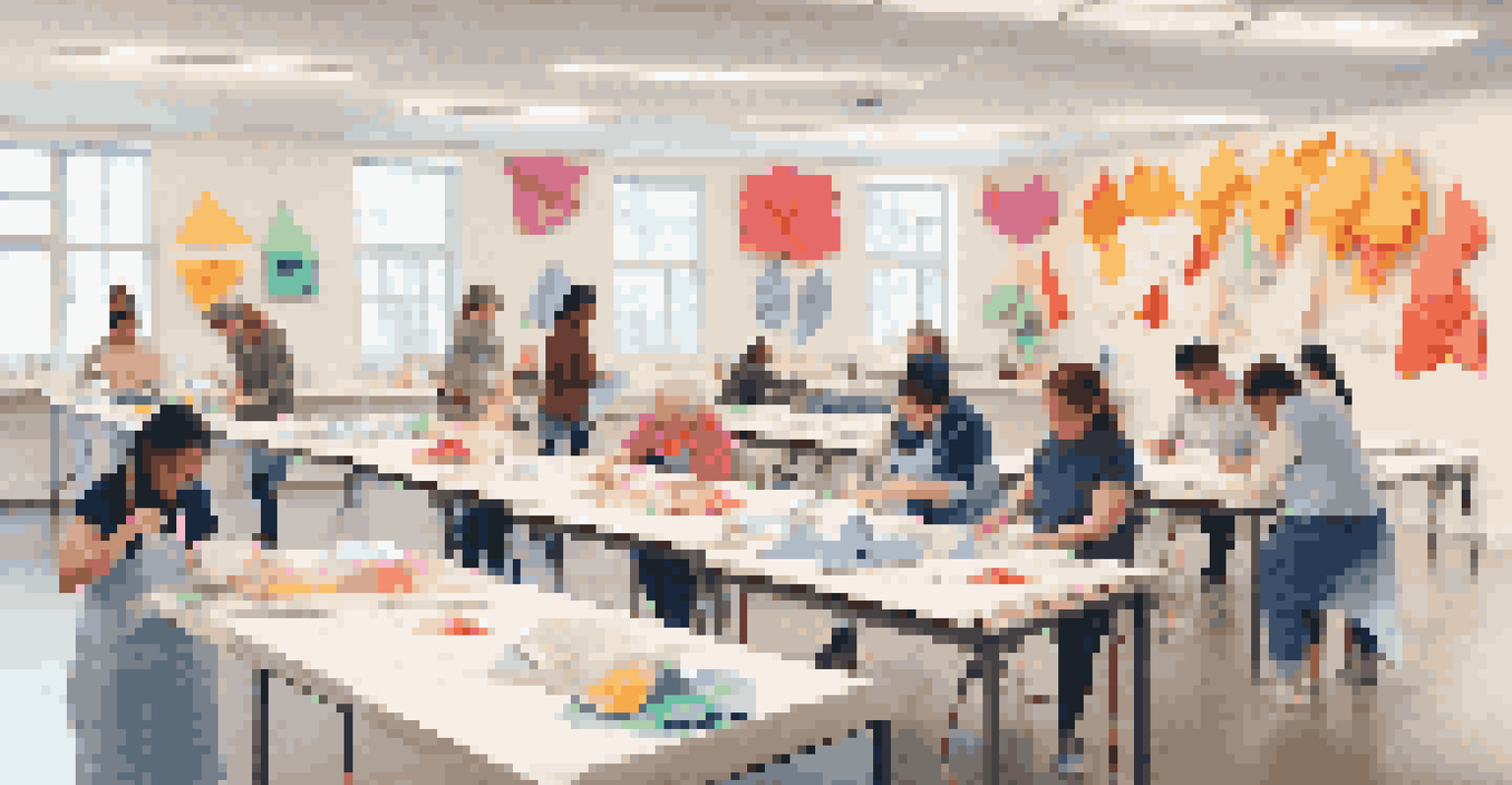 A lively origami workshop with participants of various ages learning paper folding, surrounded by colorful materials and an instructor demonstrating.