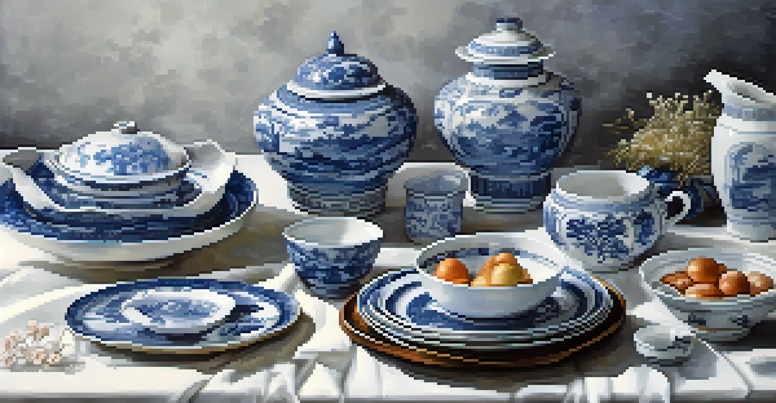 A collection of blue-and-white porcelain pieces with intricate designs on a white tablecloth.
