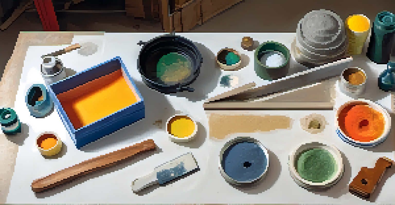 An overhead view of a workspace for mold making, displaying various materials and an original sculpture at the center.