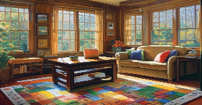 A warm living room filled with different types of puzzles on a coffee table, with sunlight streaming in from a window.