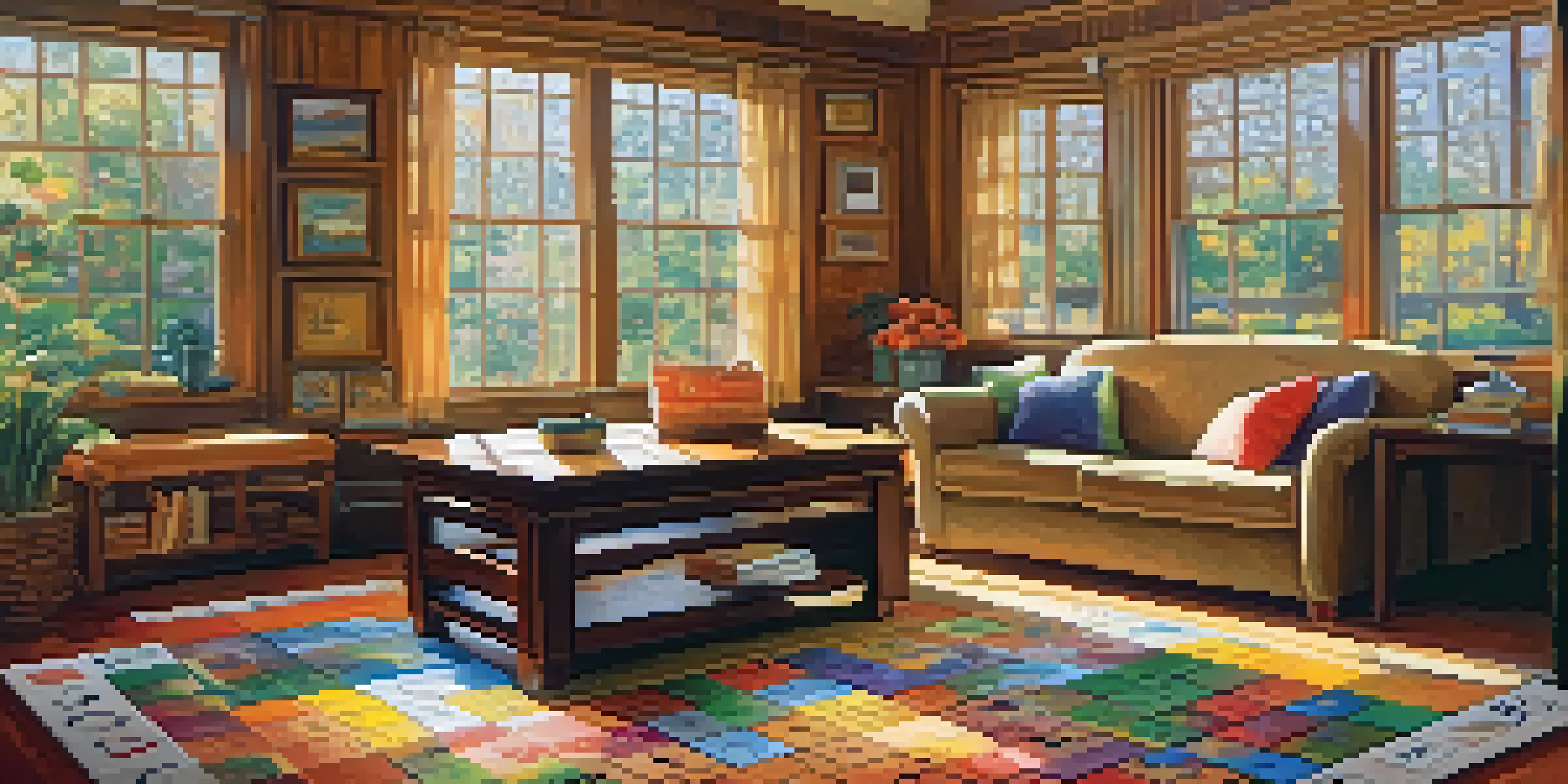 A warm living room filled with different types of puzzles on a coffee table, with sunlight streaming in from a window.