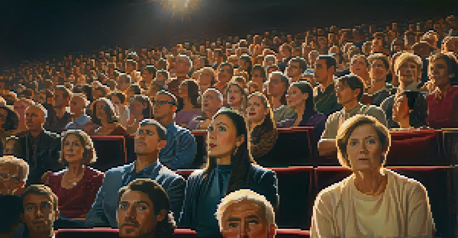 Close-up of captivated theater audience members with expressions of anticipation and intrigue as they watch a performance.
