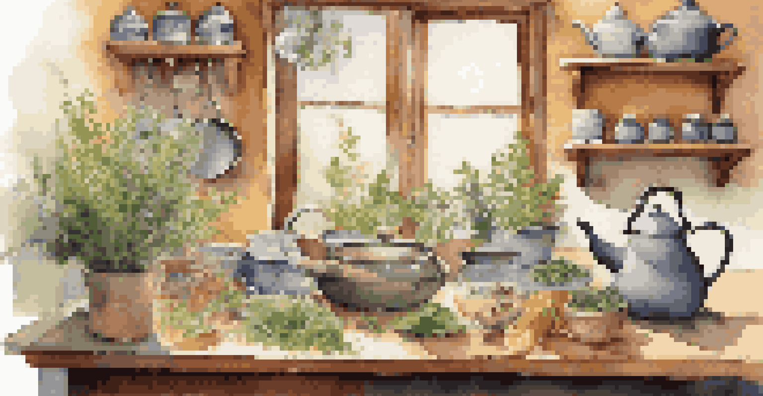 A person preparing wild tea in a cozy kitchen with jars of herbs and a steaming kettle.