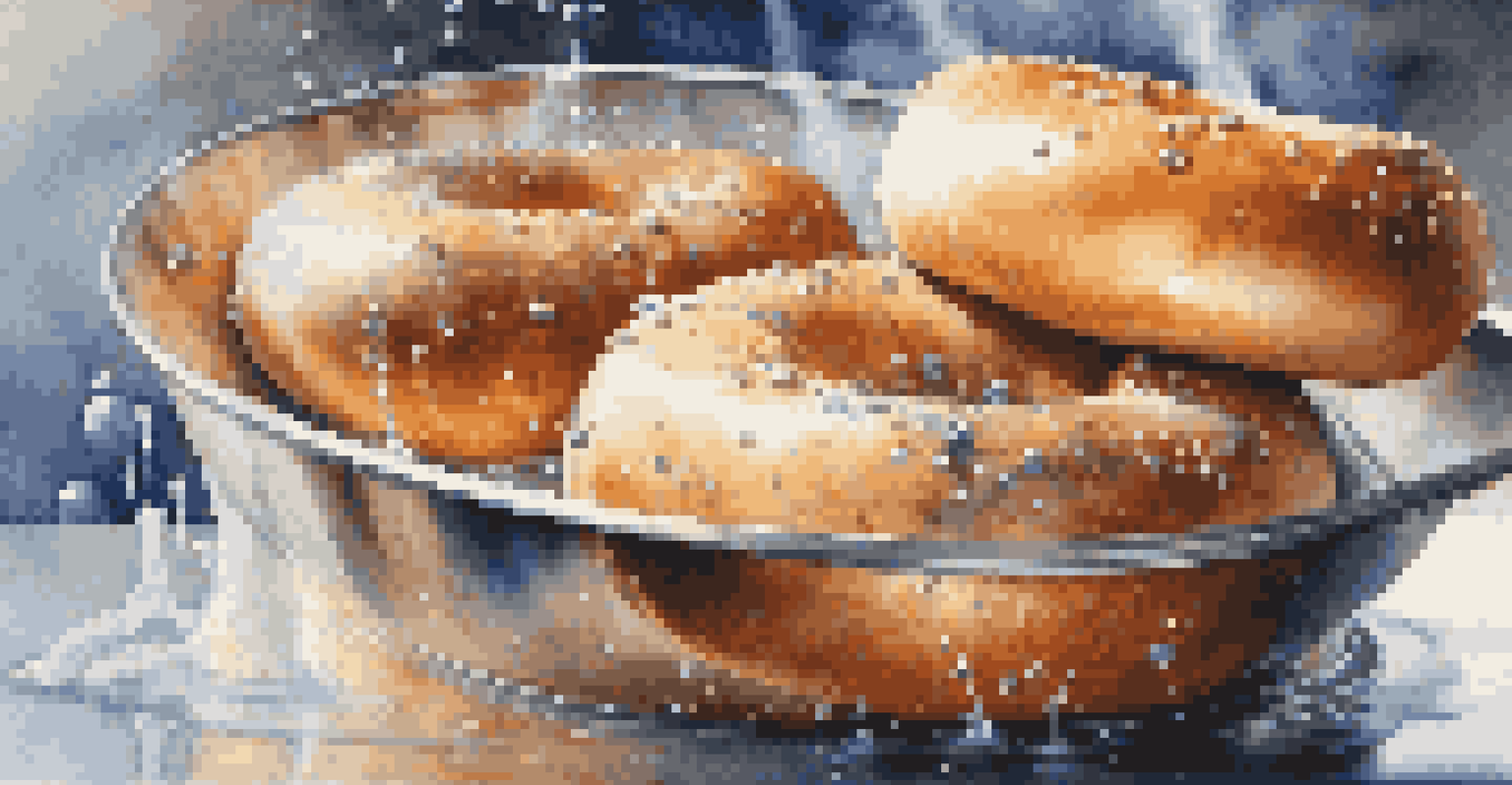 Bagels boiling in a pot of water, with steam and bubbles visible.