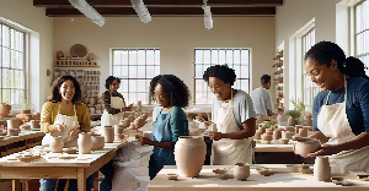 A diverse group of people engaged in a pottery class, enjoying the creative process and sharing ideas in a bright, spacious studio.