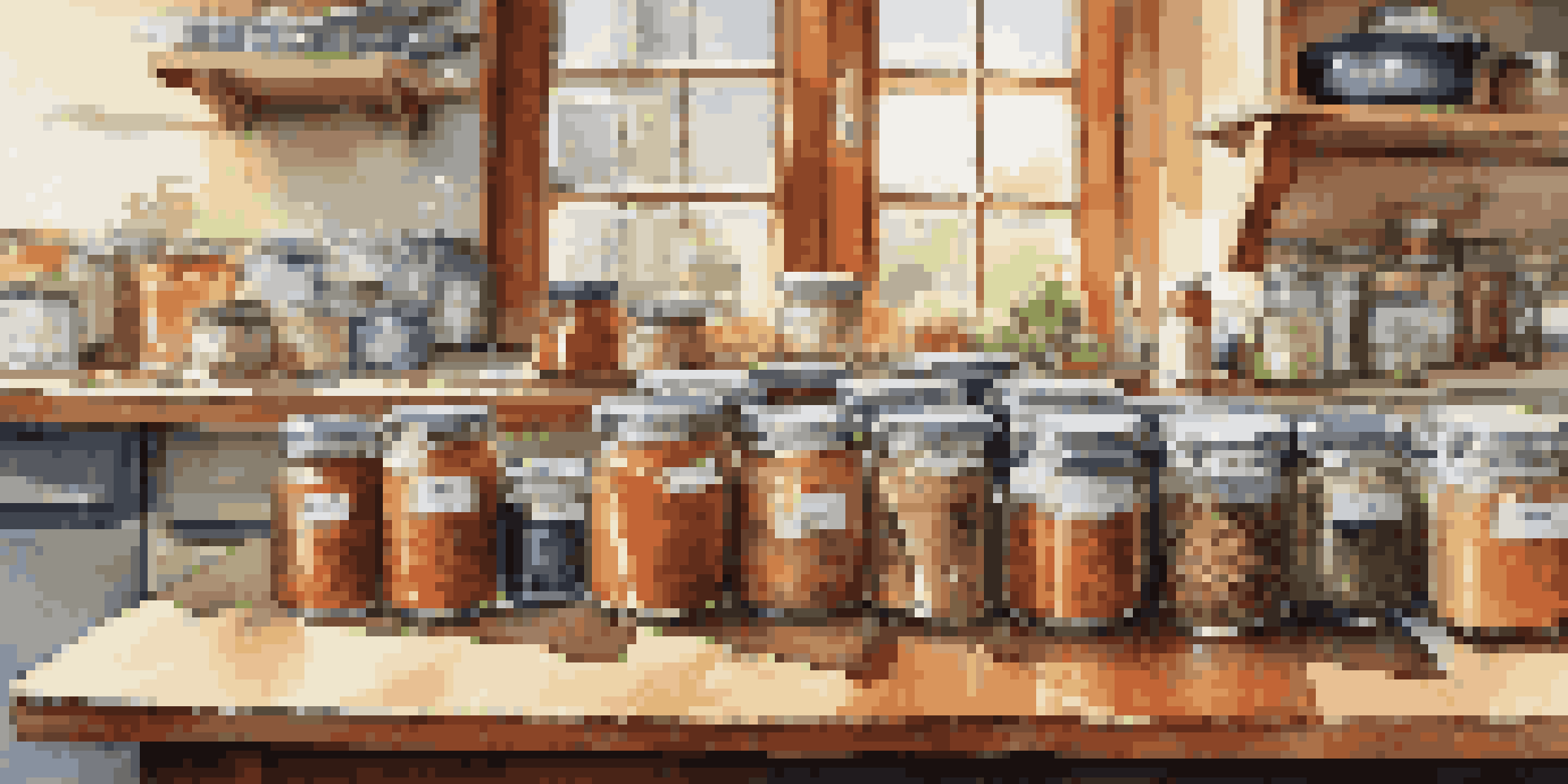 A kitchen countertop displaying jars of canned fish with colorful spices and a pressure canner in the background, illuminated by soft natural light.