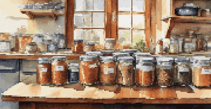 A kitchen countertop displaying jars of canned fish with colorful spices and a pressure canner in the background, illuminated by soft natural light.