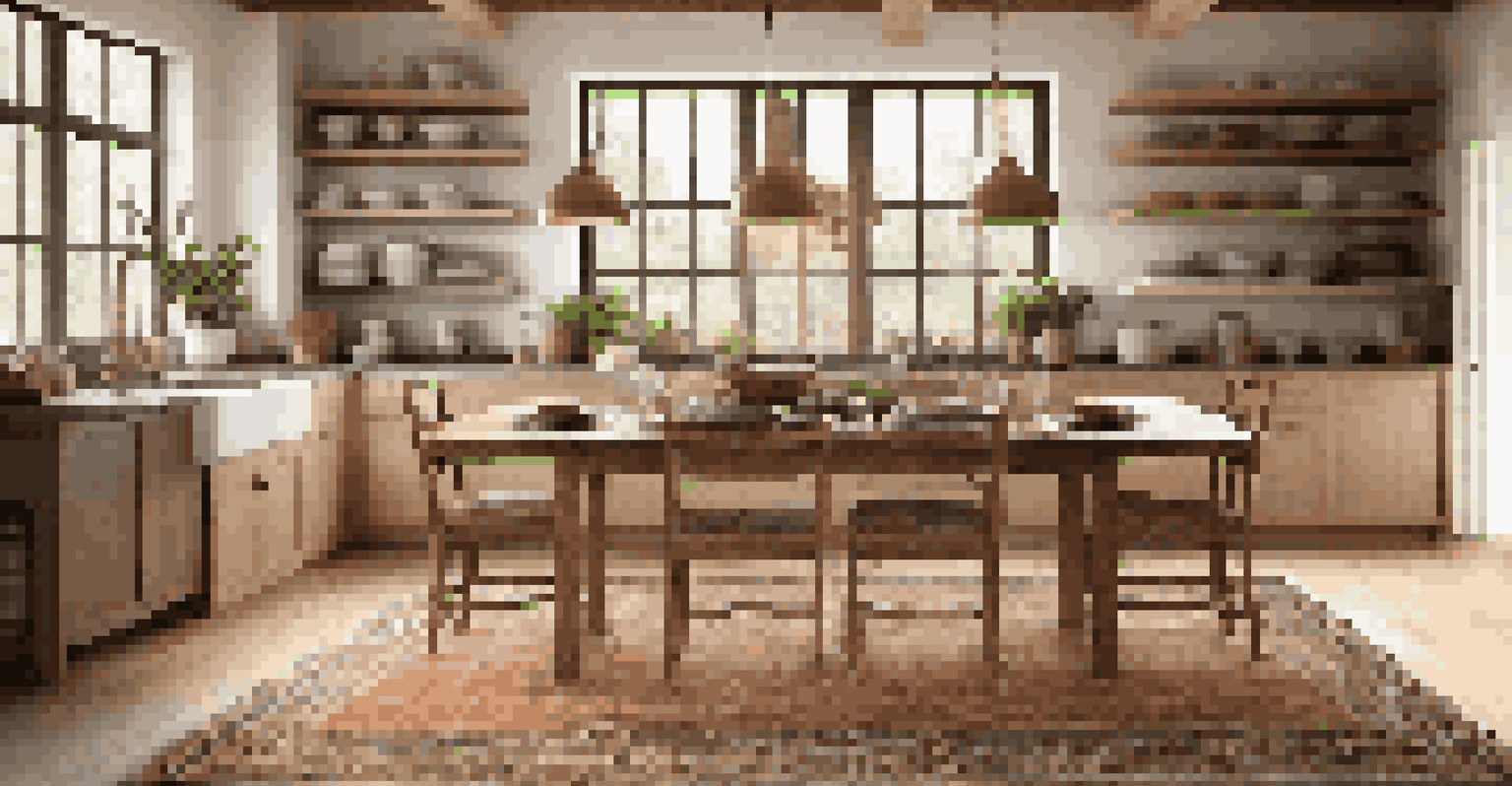 A warm-toned dhurry rug with tribal motifs in a rustic kitchen, placed under a dining table, creating a cozy ambiance.