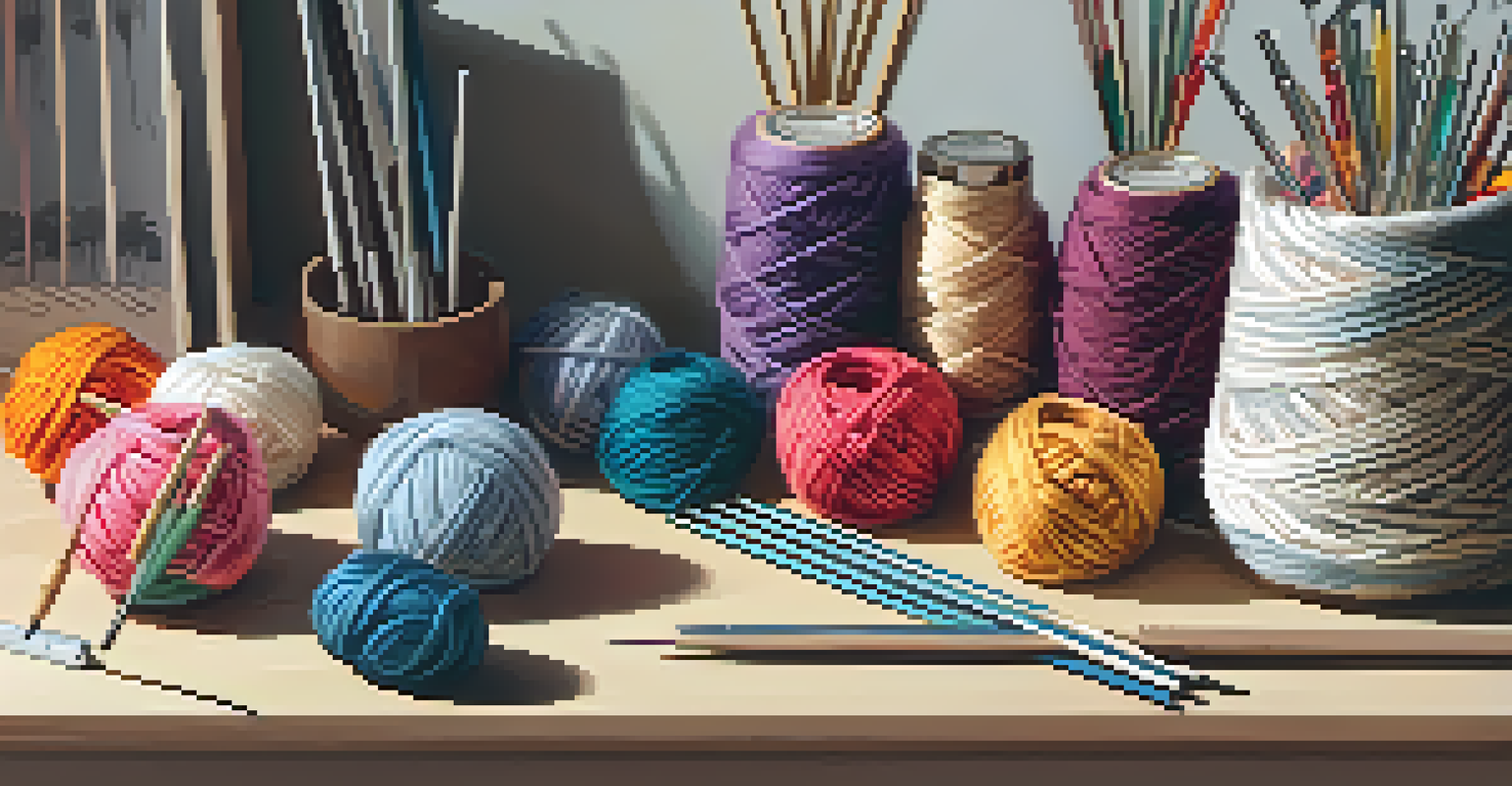 An organized knitting workspace displaying colorful yarn balls, knitting needles, and tools arranged neatly on a desk.