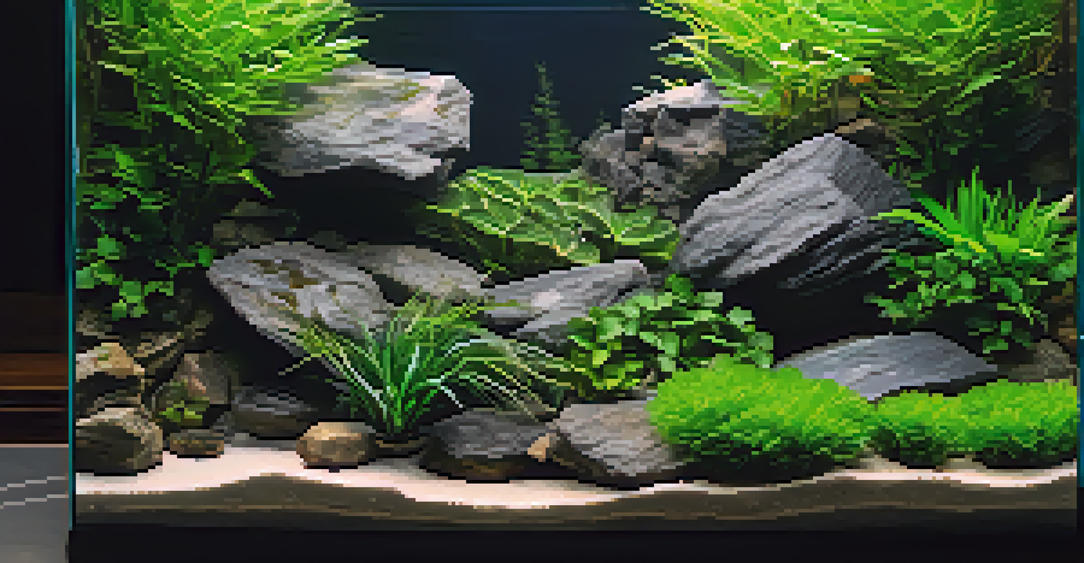 An aquarium with a natural arrangement of rocks and plants, featuring larger rocks at the back and smaller stones in the foreground, illuminated by soft diffused lighting.